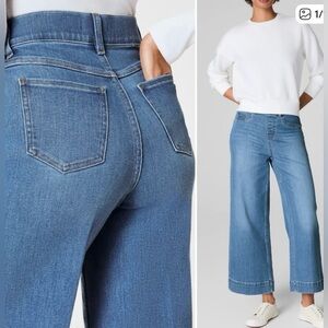 SPANX Crop Wide Leg Jeans Medium Wash Blue Denim Pull On Stretch Classic Size S